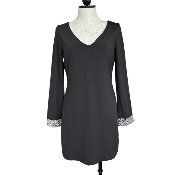 Venus Little Black Dress V-Neck Long Sleeves Sparkly Jeweled Cuffs Size Small - Picture 1 of 11